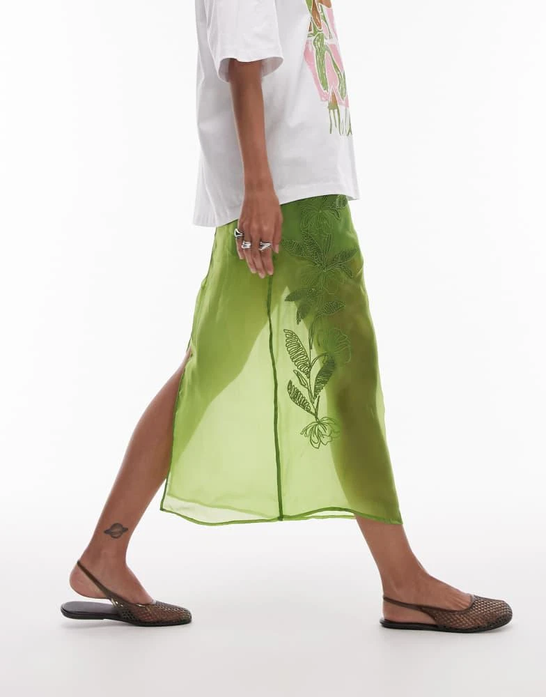 Shop Topshop embroidered organza midi skirt in green on Sale at