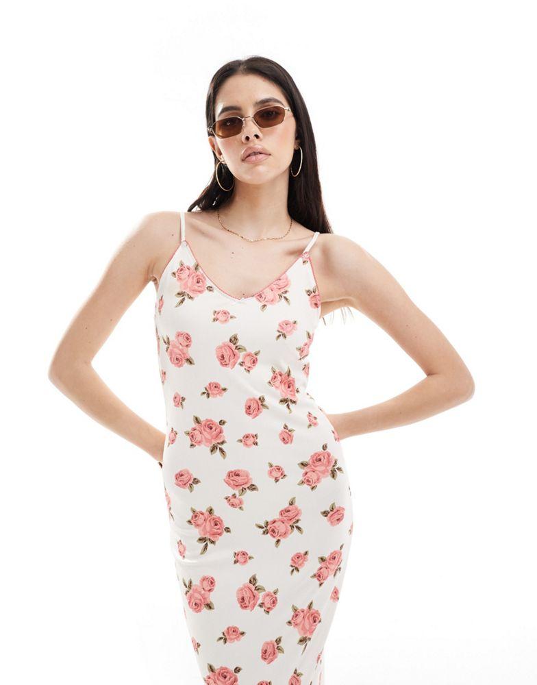 Y.A.S. Y.A.S slinky rib cami maxi dress with v neck in spaced vintage rose print