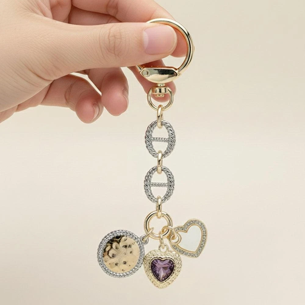 FASHNZFAB 14K Gold Plated CZ Double Heart Coin Charm Drop Keychain Bag Charm