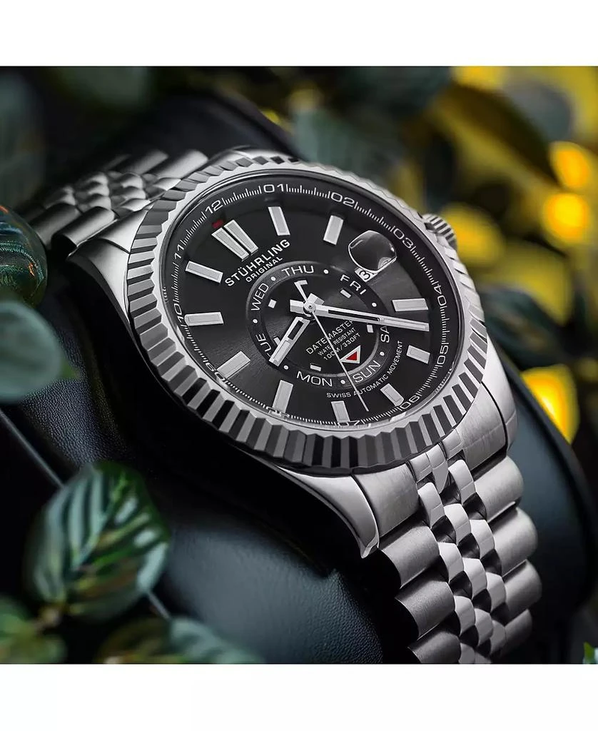 Stuhrling Datemaster II Men s Swiss Automatic 42mm Stainless Steel Watch, Black Dial, Fluted Bezel, Day & Date, 100M Water Resistant 4