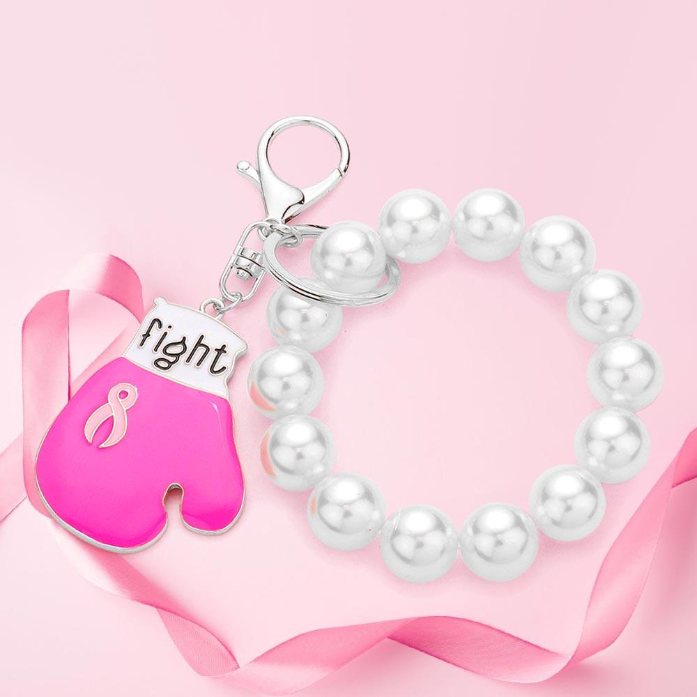 FASHNZFAB Fight Message Pink Ribbon Glove Pearl Stretch Keychain / Bracelet