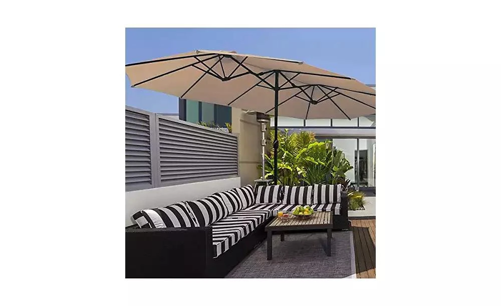 Mecale 15 Feet Double-Sided Twin Patio Umbrella with Crank and Base 5