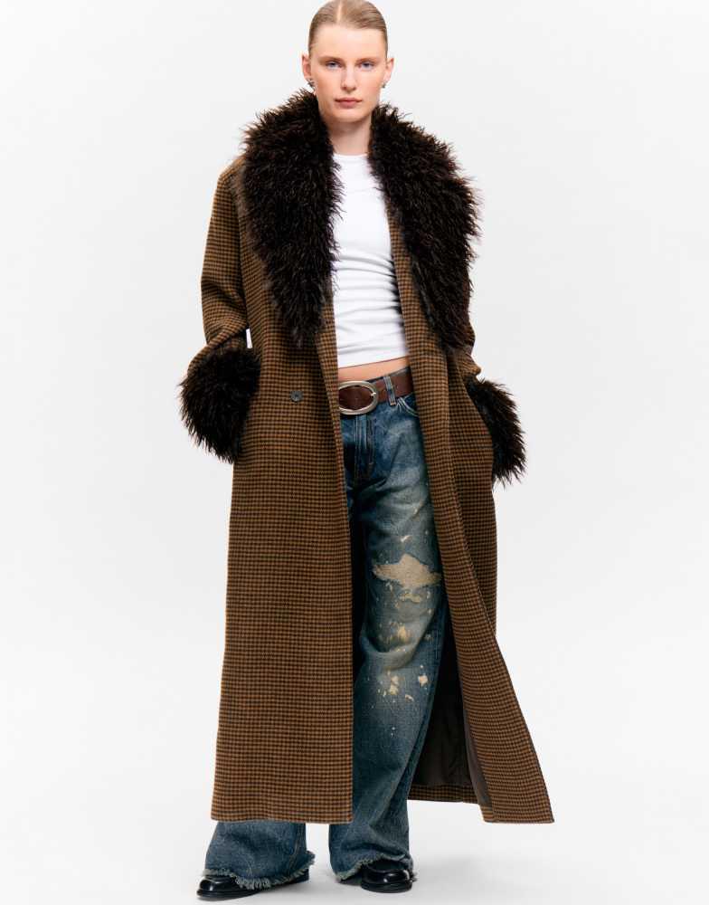 Monki Monki wool blend belted maxi coat with fur collar and cuffs