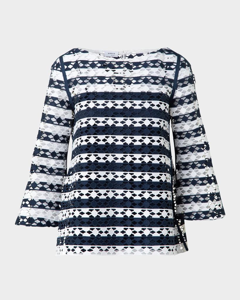 Akris Kodak Striped Dot Guipure Trumpet-Sleeve Blouse