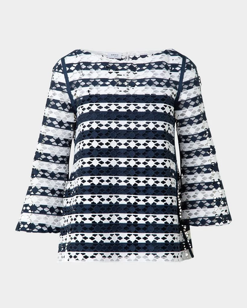Akris Kodak Striped Dot Guipure Trumpet-Sleeve Blouse 1
