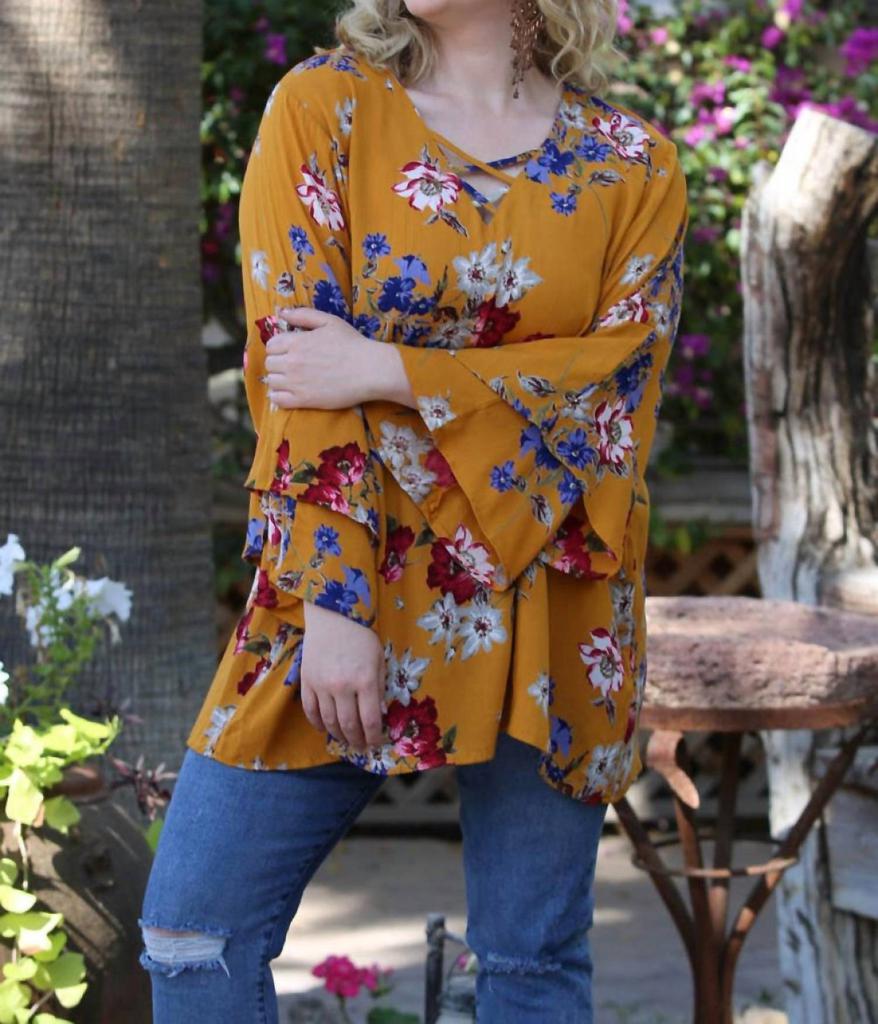 Angie Angie - Floral Layered Bell Sleeve Tunic - PLUS