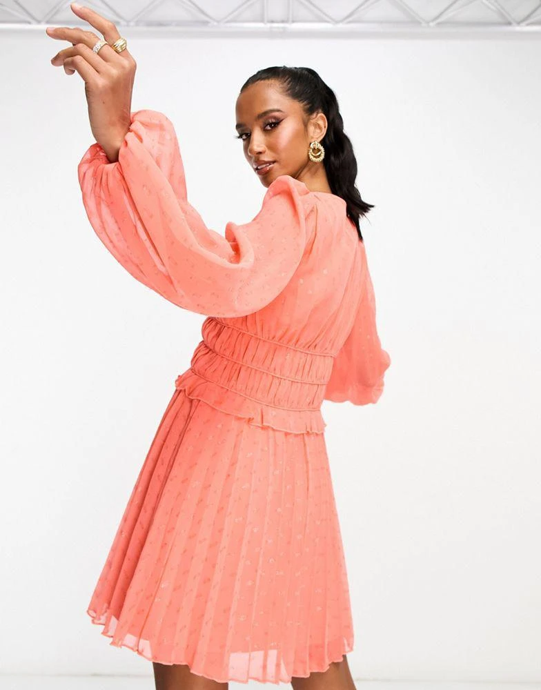 ASOS ASOS DESIGN Petite button through ruched waist pleated mini dress in metallic dobby in coral 2