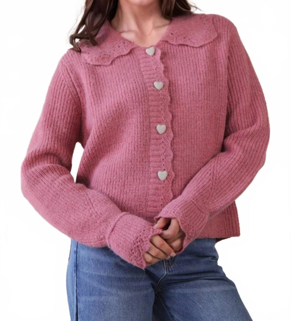 VERY J Heart Button Down Cardigan In Mauve
