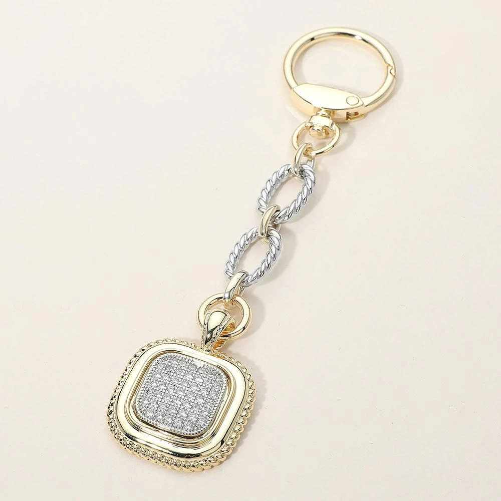 FASHNZFAB 14K Gold Plated CZ Pave Square Charm Drop Keychain Bag Charm