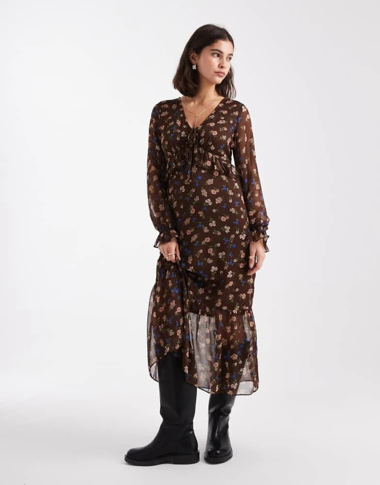 brown chiffon midi dress Darby Long Sleeve Midi Dress