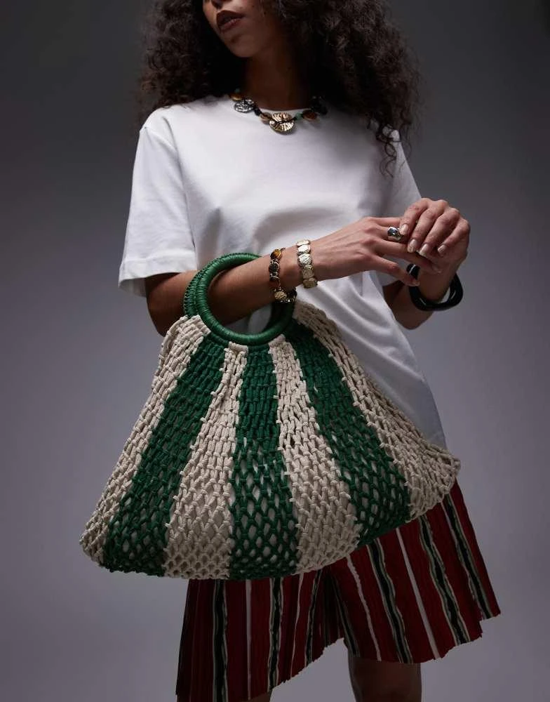 Topshop Topshop Gemma stripe crochet grab bag in green stripe