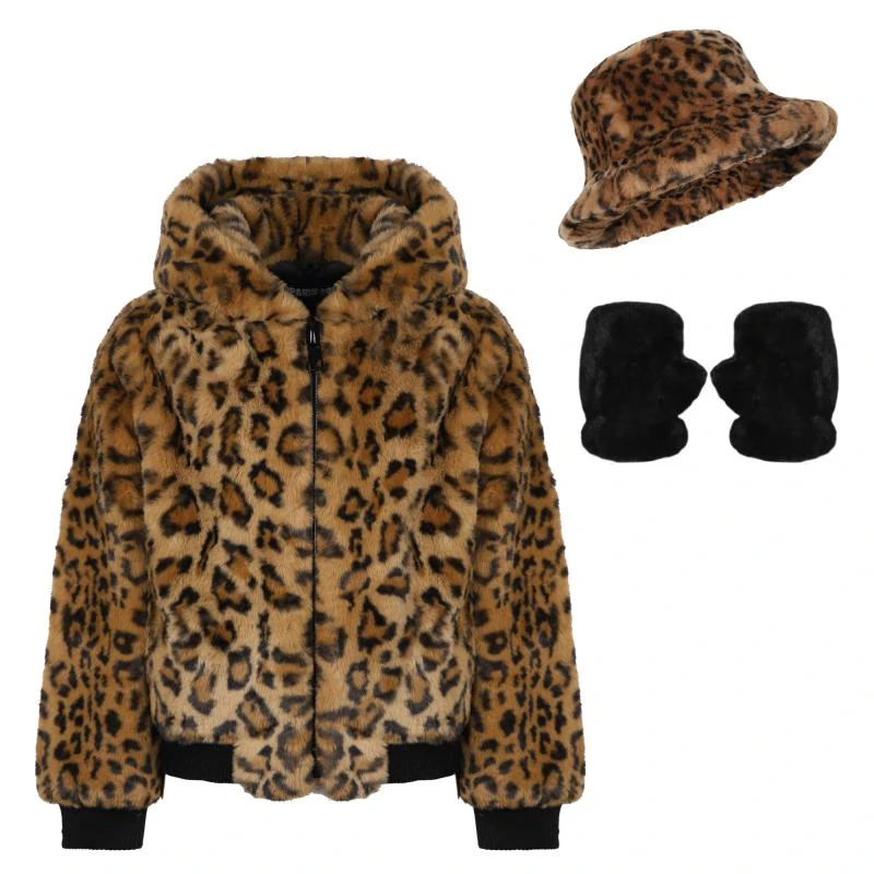 Apparis Animal print faux fur hooded jacket with side pockets bucket hat and half finger gloves set in brown and black 1