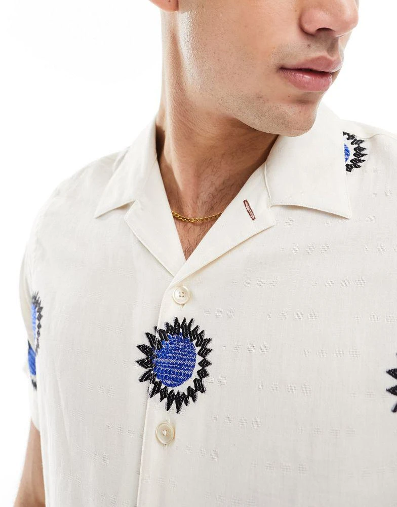 Paul Smith Paul Smith revere collar shirt in cream with all over blue print 4