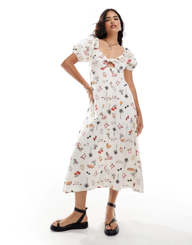 Miss Selfridge Miss Selfridge linen blend tie front button through maxi dress in postcard print 1