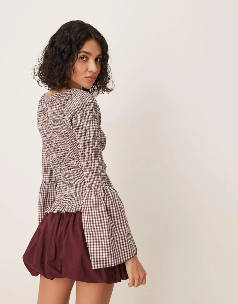 ASOS ASOS DESIGN shirred angel sleeve top in brown gingham 2