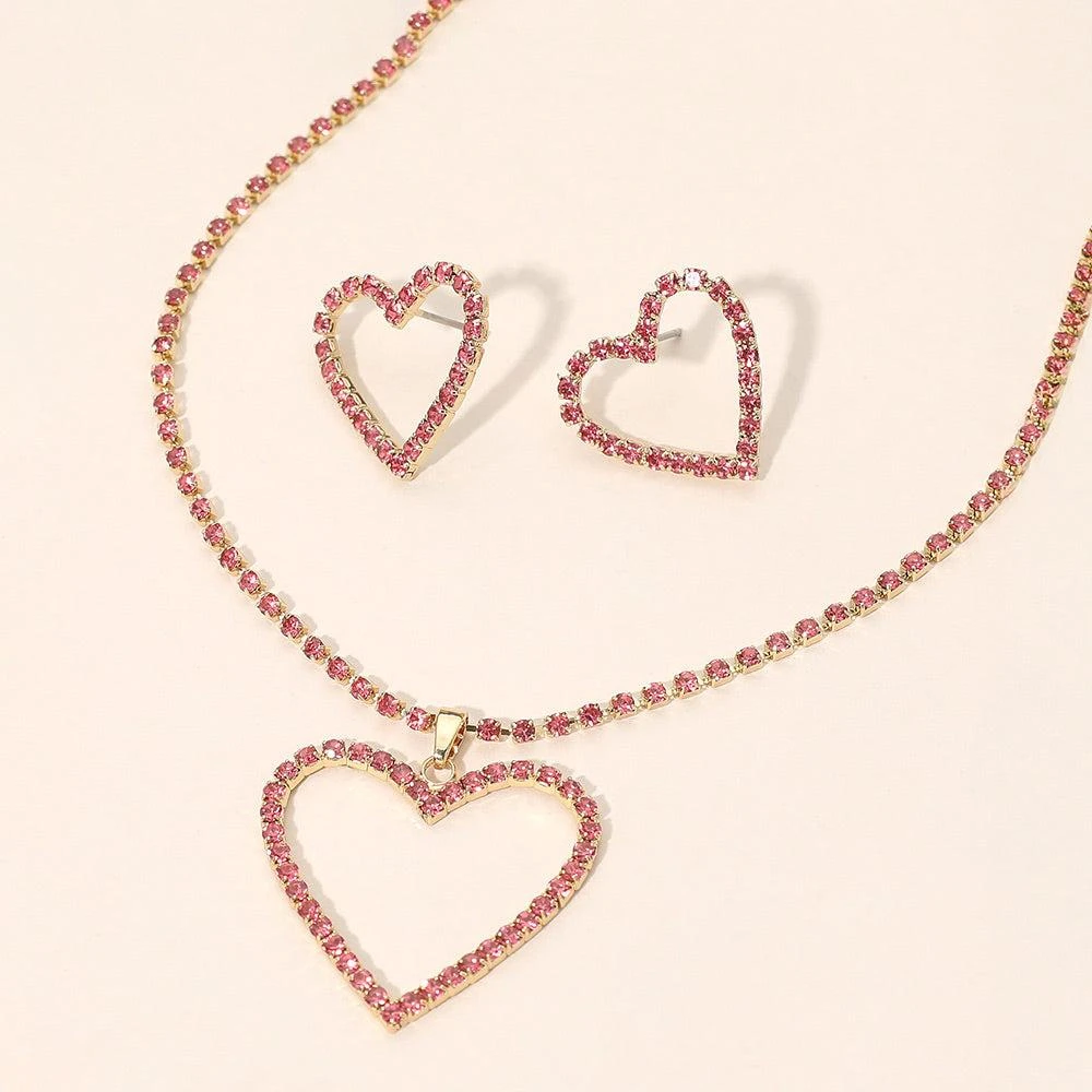 FASHNZFAB Gold Dipped Rhinestone Pave Open Heart Pendant Necklace