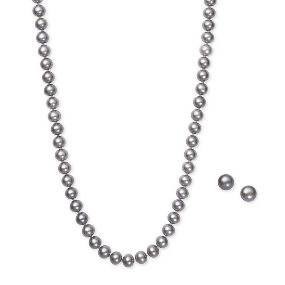 Macy's Gray Cultured Freshwater Pearl (6mm) Necklace and Matching Stud (7-1/2mm) Earrings Set in Sterling Silver