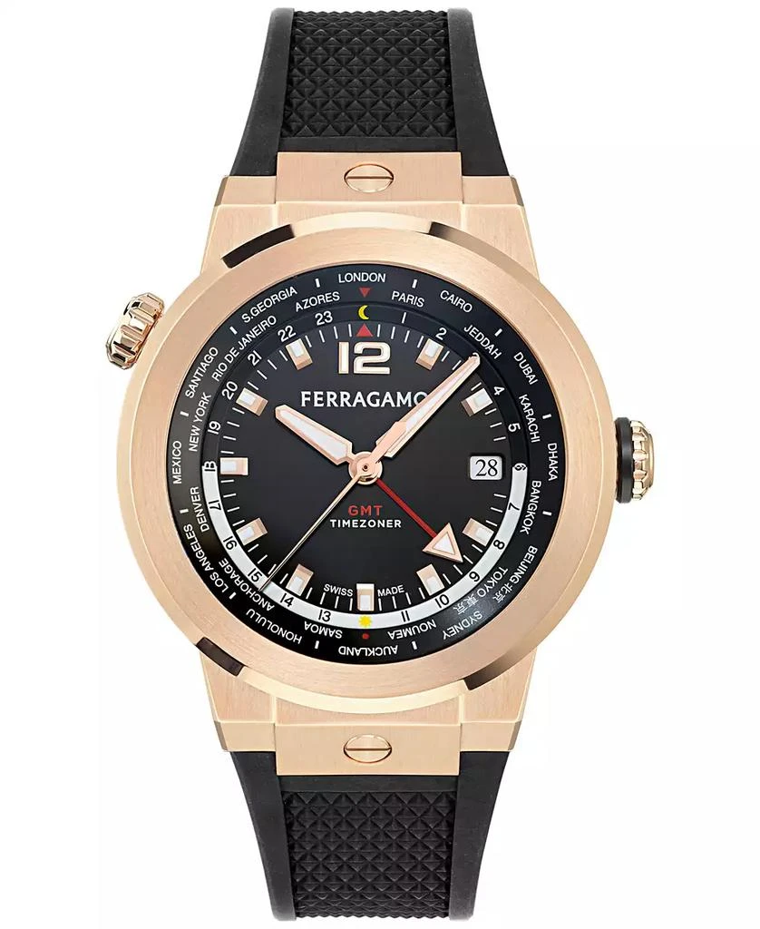 Salvatore Ferragamo Men's Swiss F-80 GMT Worldtime Black Silicone Watch 43mm 1