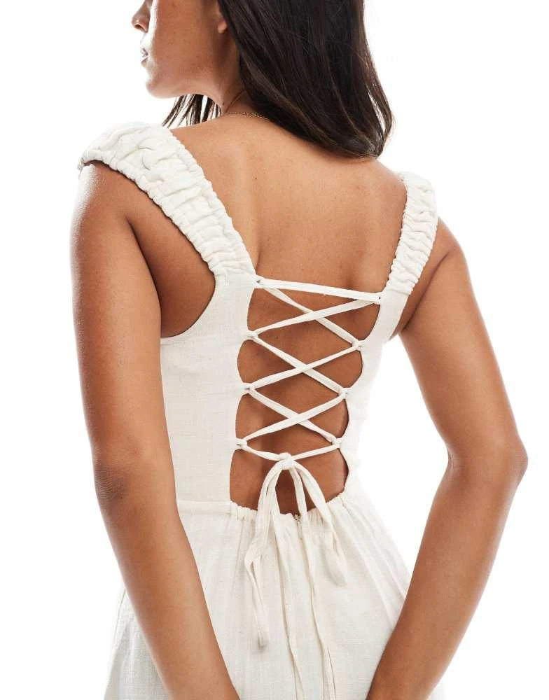 Stradivarius Stradivarius milkmaid midi dress with slit in beige 4