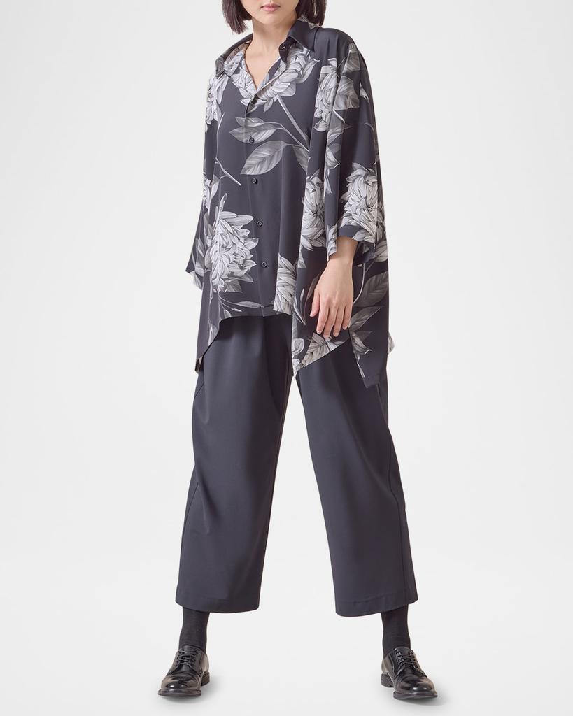 Eskandar Large Peony Silk Print Short-Sleeve Shirt With Collar (Mid Plus Length)