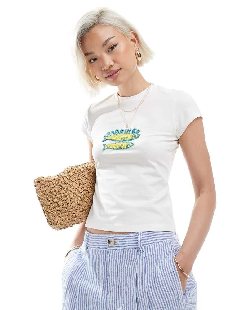 Miss Selfridge Miss Selfridge beaded sardine graphic baby tee in white 1