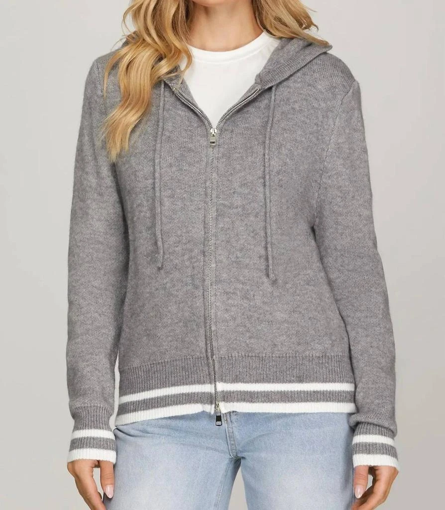 SHE + SKY Zip Up Hooded Sweater In Grey