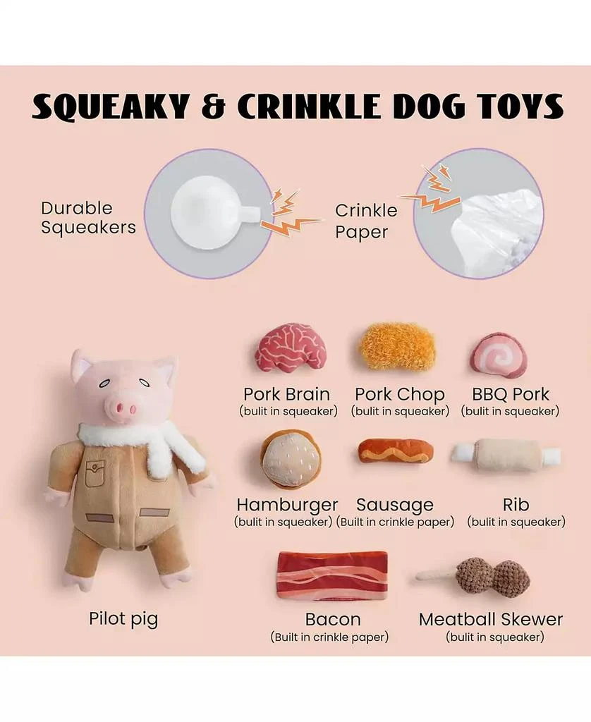 Nocciola 9-in-1 Pig Plush Dog Toys,Funny Piggy Puzzle Toy with 8 Pork Food Squeaky 
Crinkle Toys,Stimulating Enrichment Toys for Small Medium Dogs 3