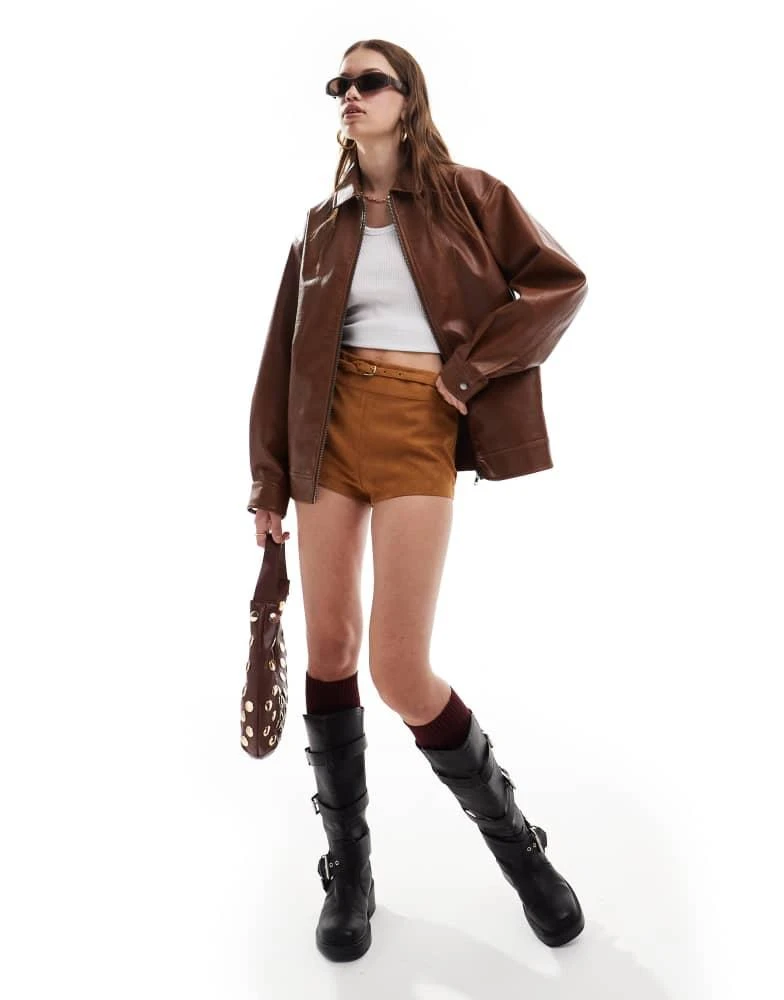 Miss Selfridge Miss Selfridge washed faux leather oversized bomber jacket in chestnut 2