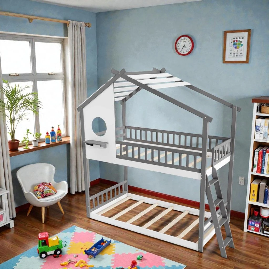 Hivvago Playhouse Twin Over Twin Bed with Roof Top and Protective Rails