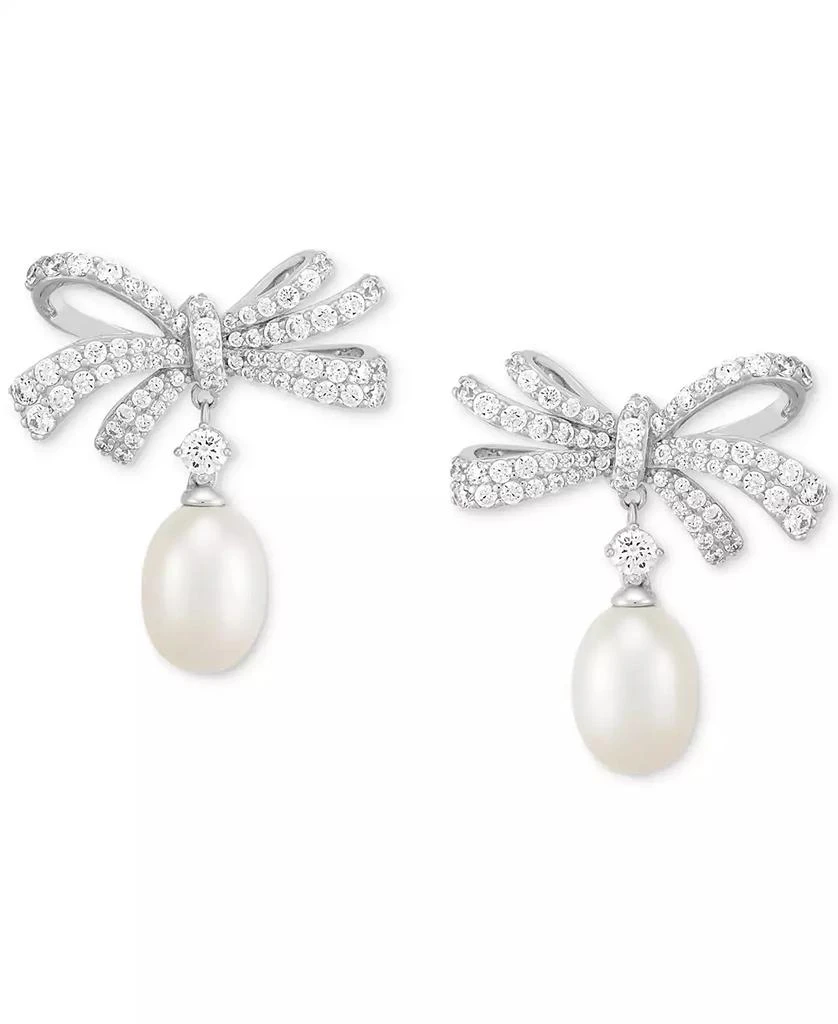 Arabella Cultured Freshwater Oval Pearl (11 x 9mm) & Cubic Zirconia Bow Drop Earrings in Sterling Silver 3
