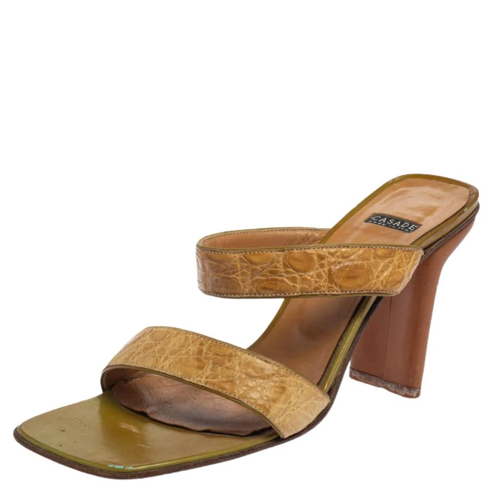CASADEI Casadei Beige Croc Embossed Leather Square Toe Slide Sandals Size 37 1
