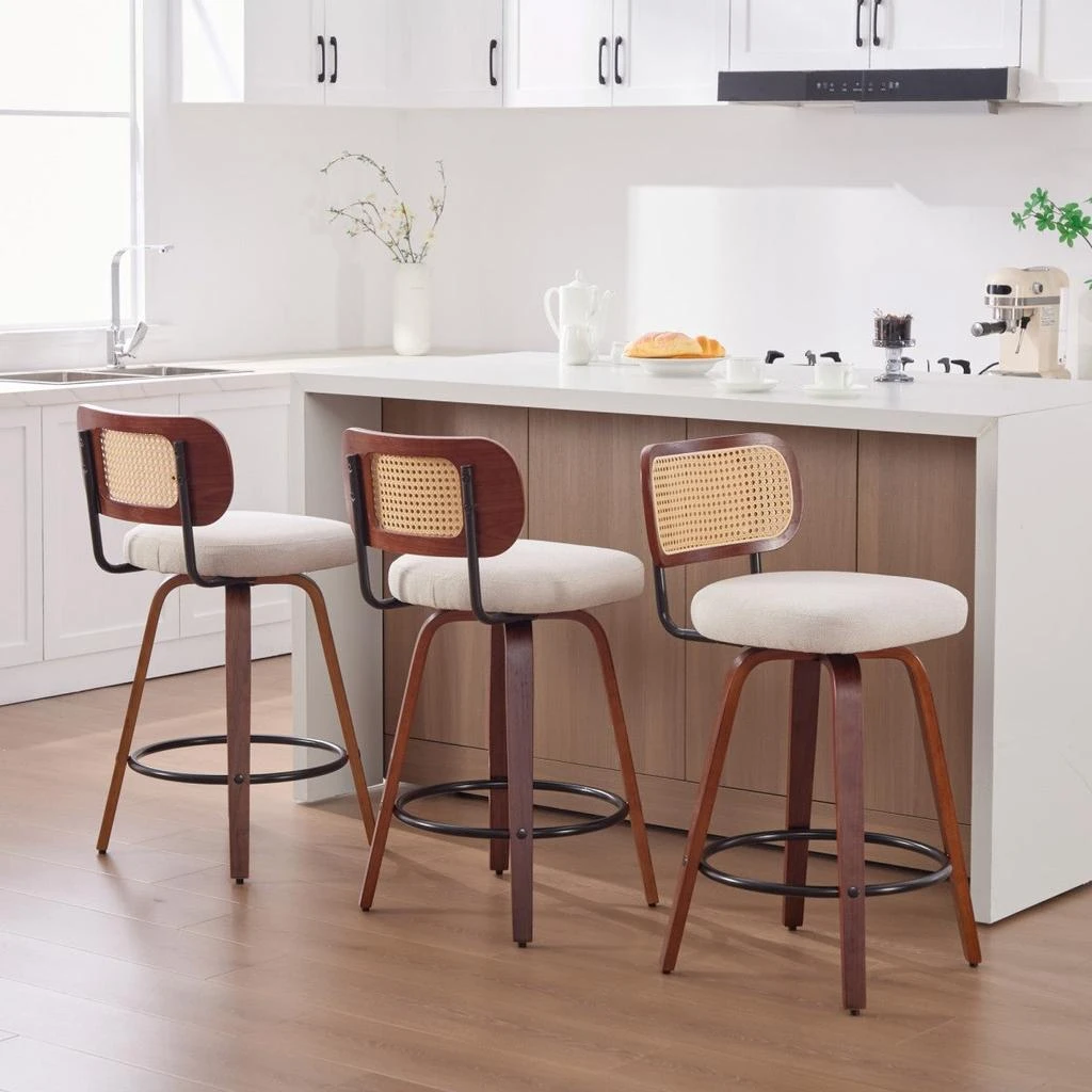 Streamdale Furniture Streamdale Set of 3, 26" Counter Height Bar Stools - Walnut/Black, Cane Rattan, Beige Linen, Swivel