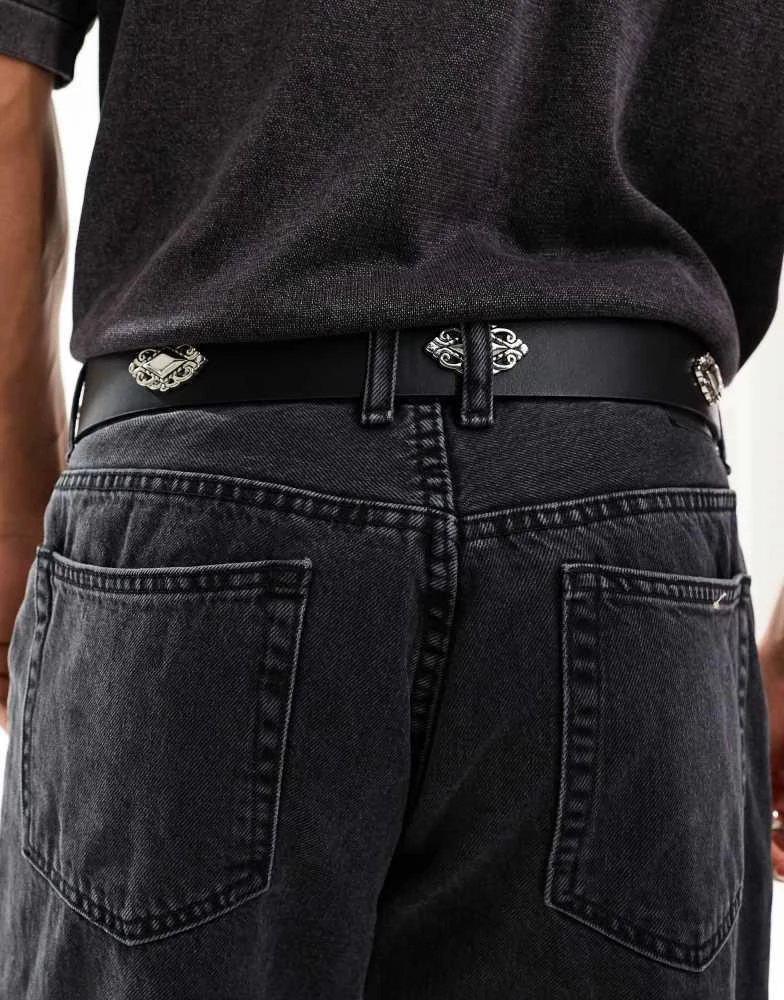 ASOS ASOS DESIGN faux leather belt with western buckle and metal details in black 4