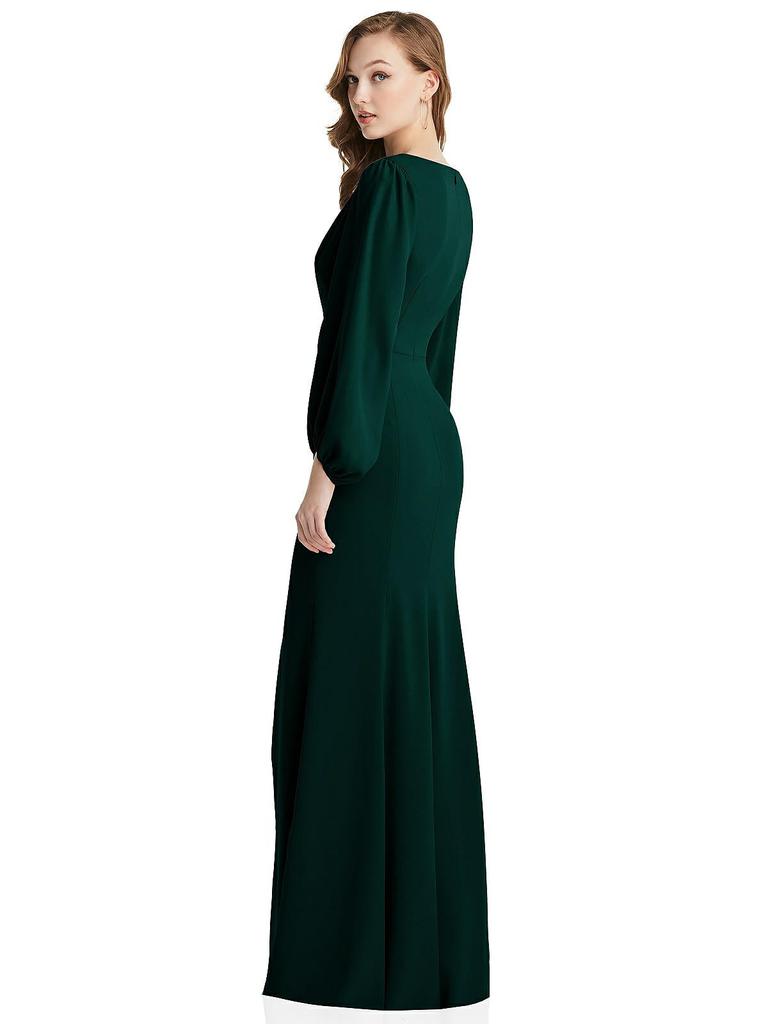 Dessy Collection Long Puff Sleeve V-Neck Trumpet Gown