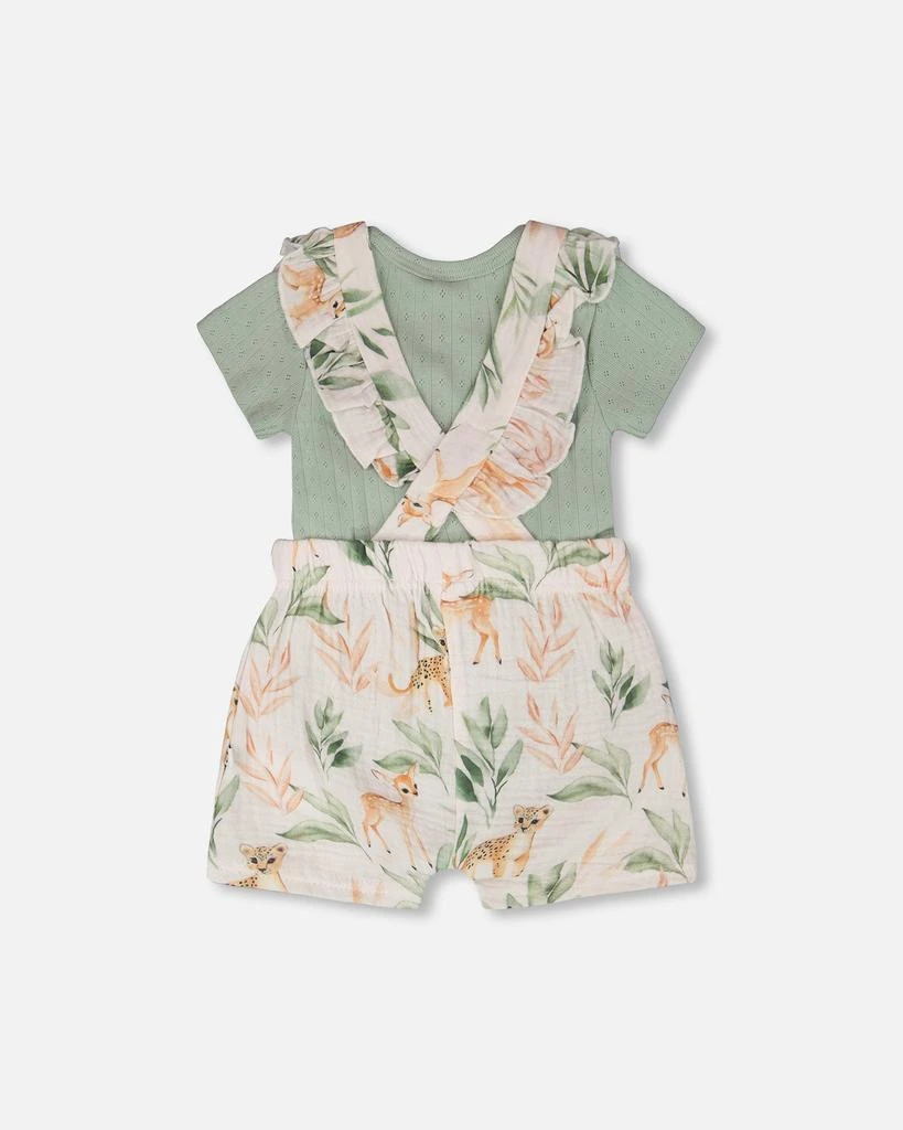 Deux par Deux Pointelle Onesie and Cotton Muslin Shortall Set Green and Peach Deer Print 3