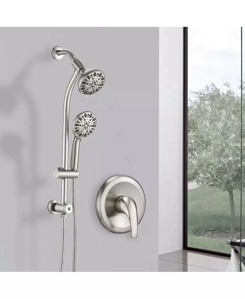 RAINSKEN Drill-Free Stainless Steel Slide Bar Combo Rain Showerhead 7-Setting Hand, Dual Shower Head Spa System (Rough-in Valve Included)