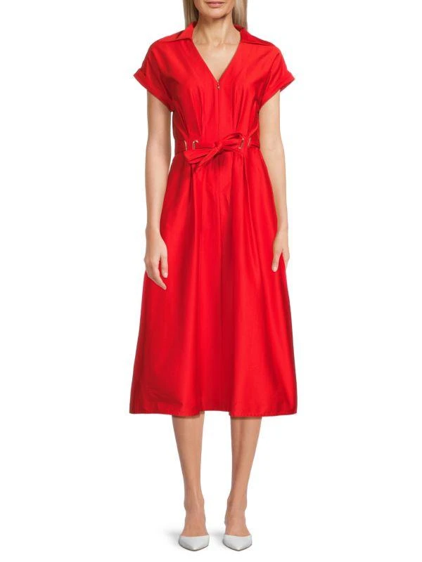 HALSTON ​Belted Cotton-Blend Cuffed-Sleeve Midi-Dress 1