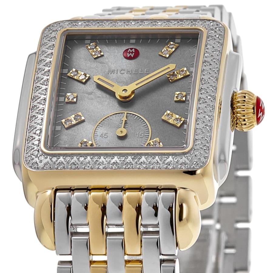 Michele Deco Mid Quartz Grey Mother of Pearl Dial Diamond Bezel 18K Gold-Plated Steel Women's Watch MWW06V000132