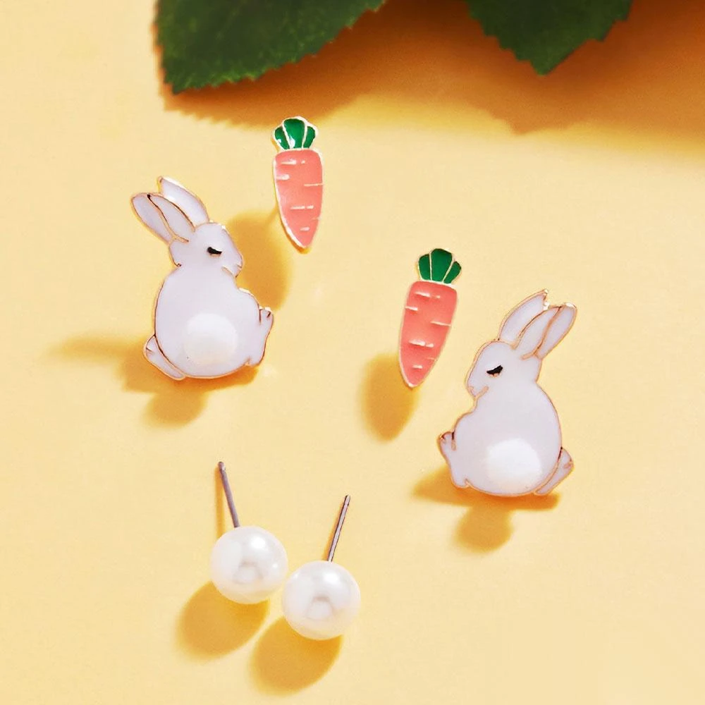 FASHNZFAB 3Pairs - Easter Bunny Carrot Pearl Stud Earrings Set