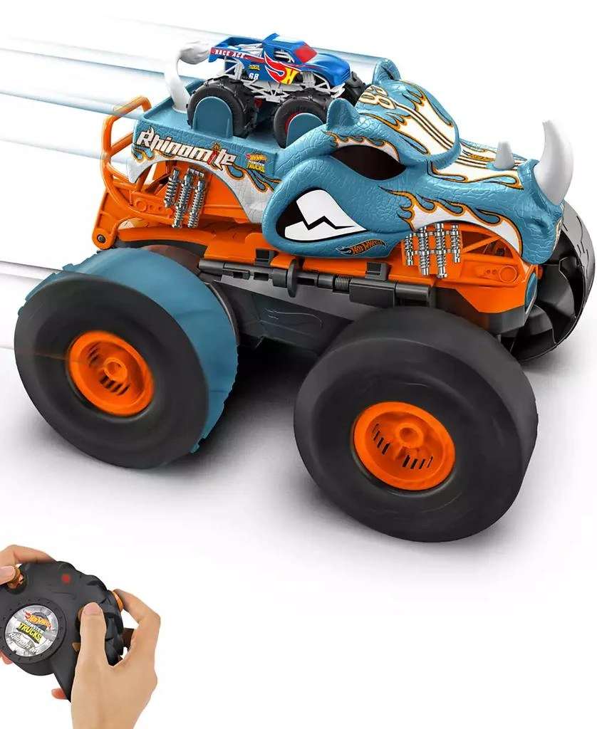 Hot Wheels Monster Trucks HW Changing Rhinomite RC in 1:12 Scale with 1:64 Scale Toy Truck 5