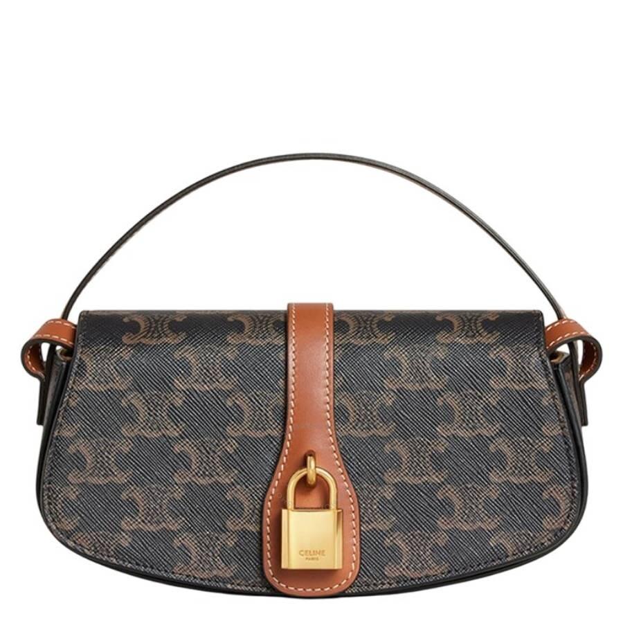 Celine Triomphe Canvas and Calfskin Clutch On Strap