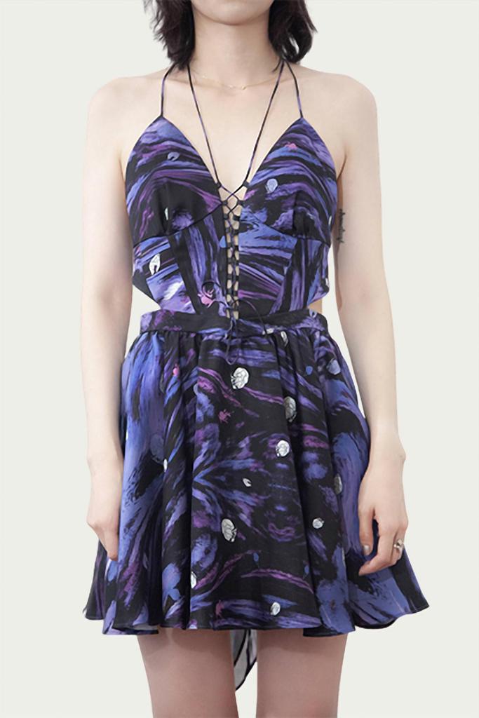 VIDEMUS OMNIA Zeta Lace-Up Cutout Halterneck Mini Dress In Purple/blue