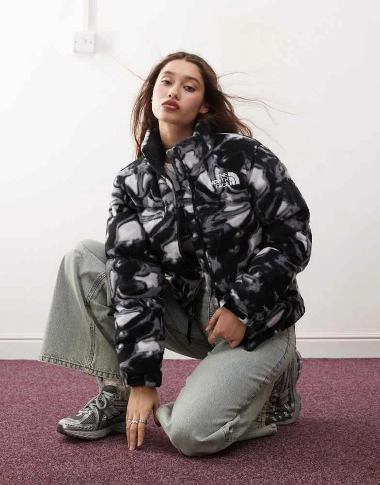The North Face The North Face Retro Nuptse polar fleece puffer jacket in liquid grey print 1