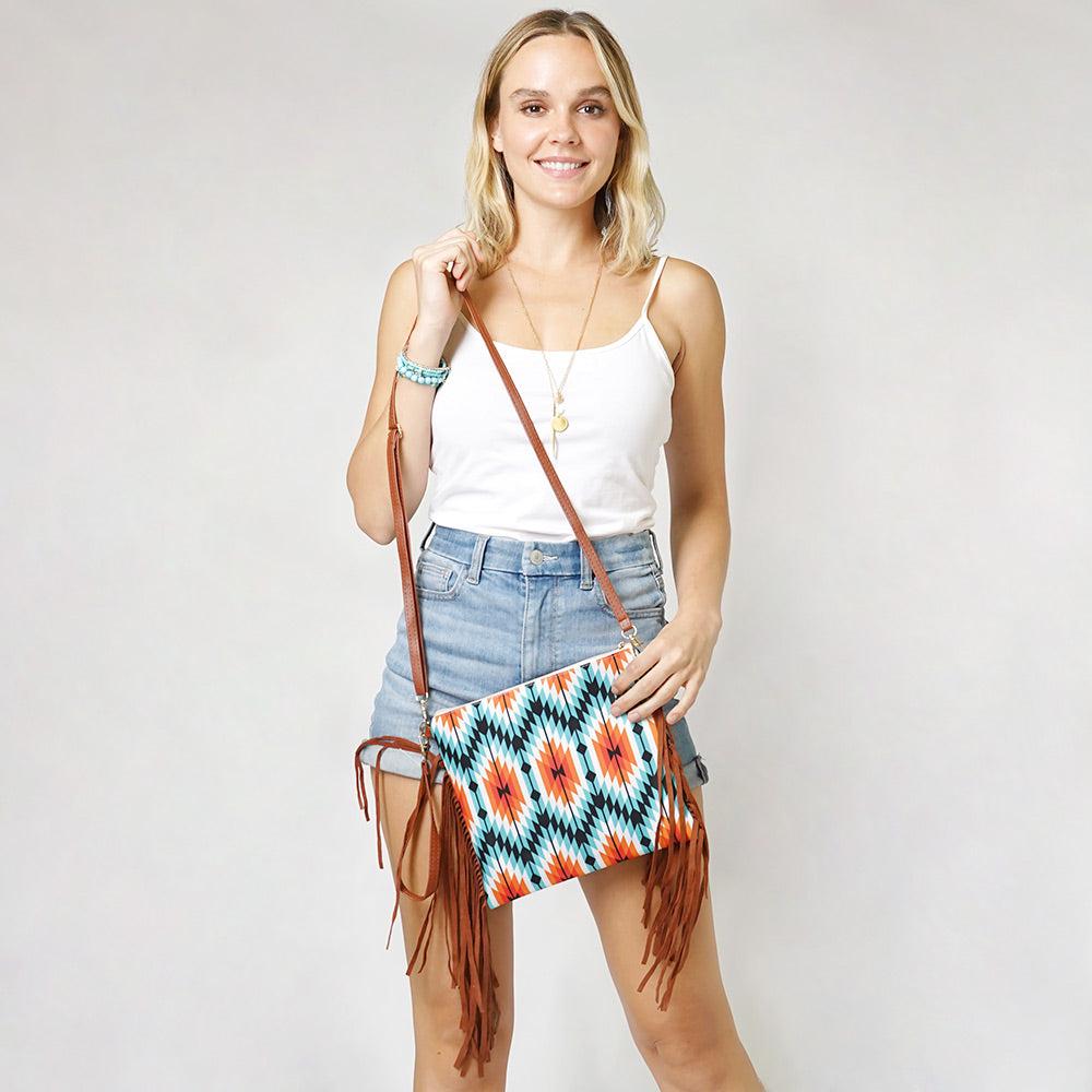 FASHNZFAB Aztec Print Tassel Wristlet Clutch Torquoise