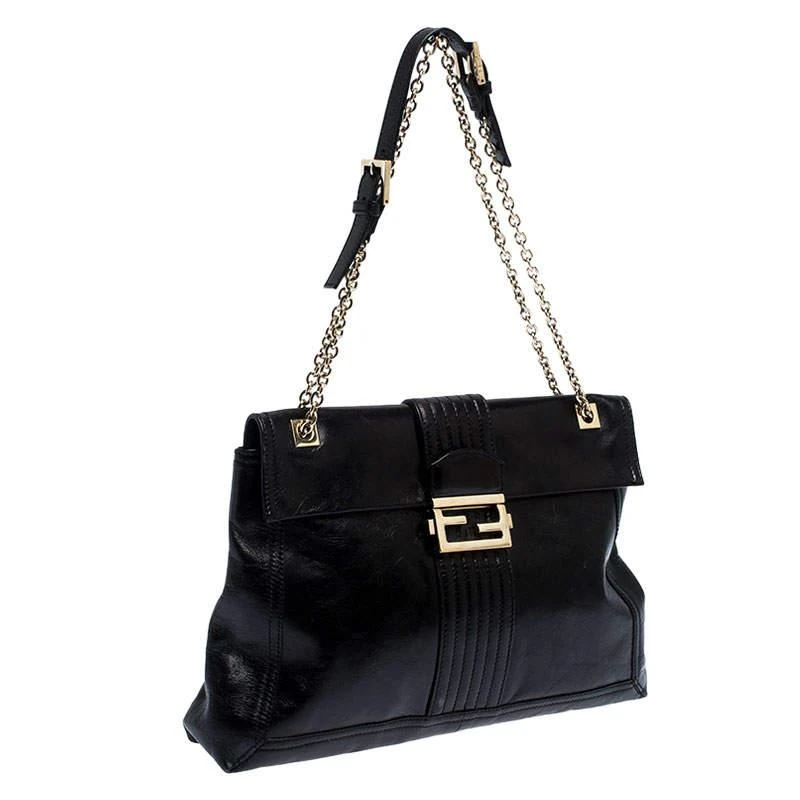 Fendi Fendi Black Leather Maxi Baguette Flap Shoulder Bag 3