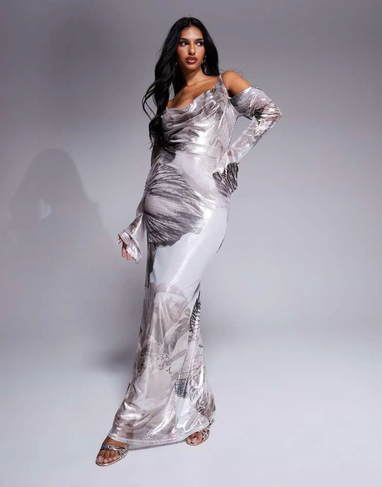 Shop ASOS DESIGN shimmer plunge cowl neck maxi dress with tie