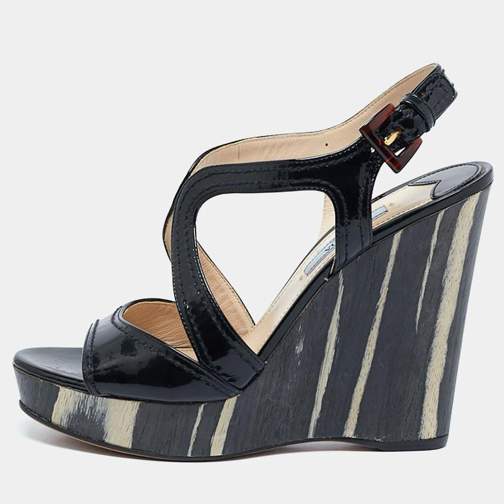 Prada Prada Black Patent Leather Wooden Wedge Ankle Strap Sandals Size 37 1