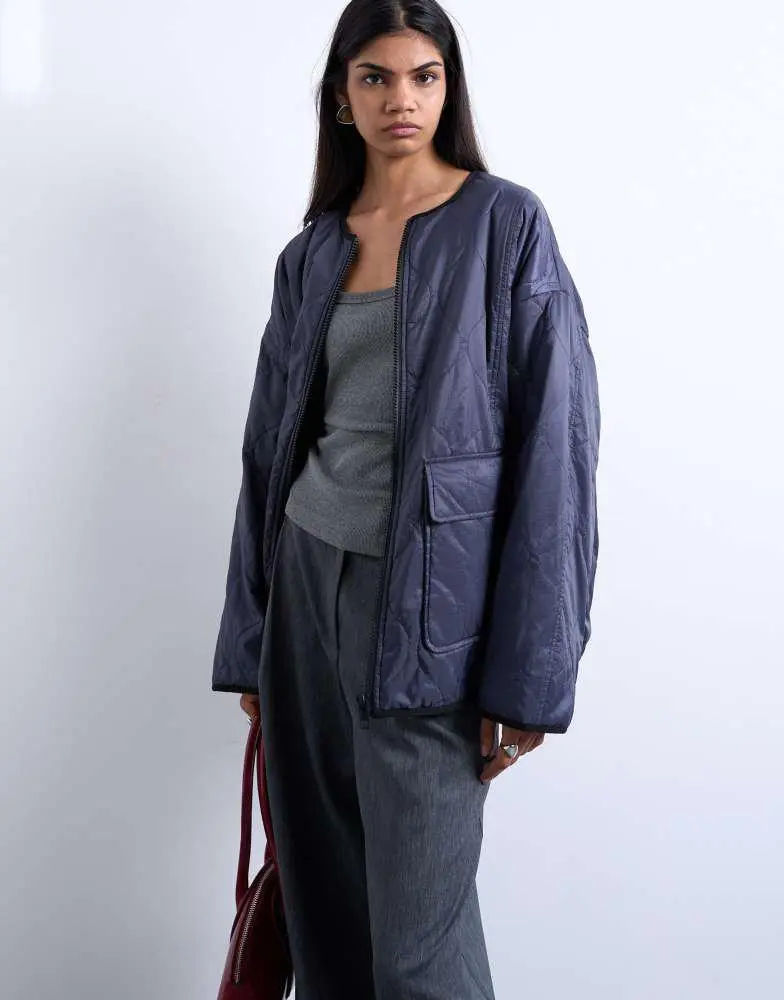 Topshop Topshop two tone collarless fleece liner jacket in navy