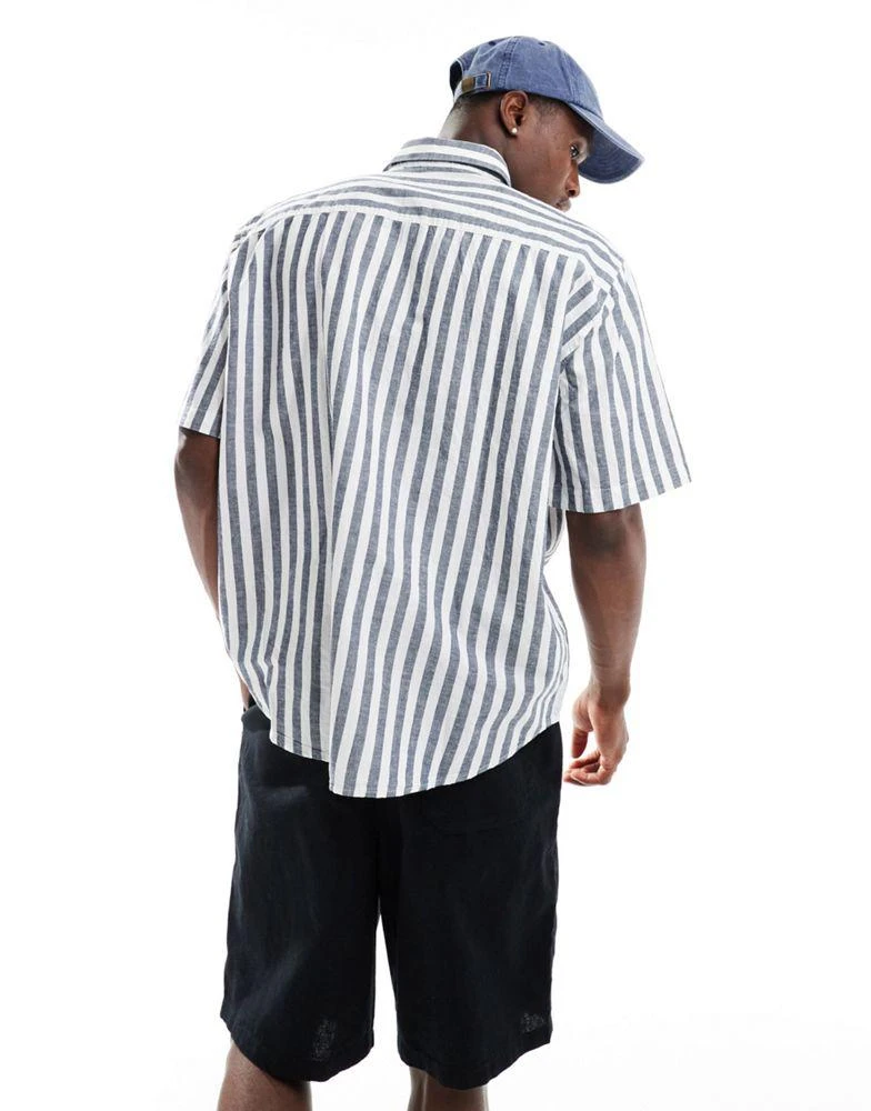 Selected Homme Selected Homme oversized linen mix shirt in navy stripe 2