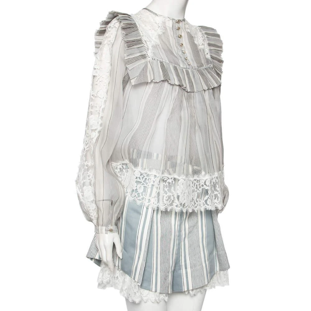 Zimmermann Zimmermann Grey/Blue Striped Cotton Havoc Lace Trimmed Shirt And Shorts Set S 2
